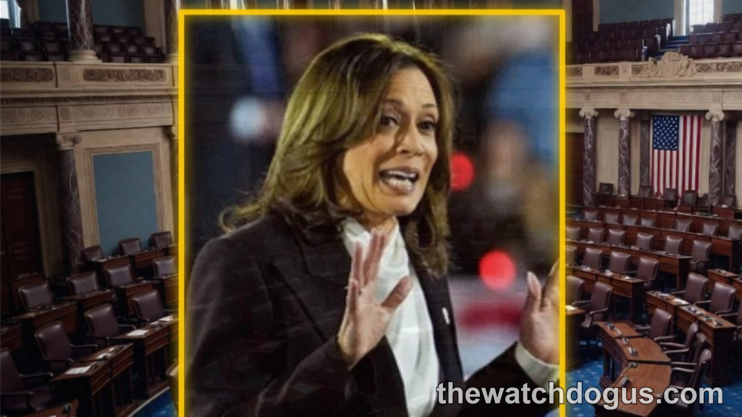 Kamala Harris speaking in Congress chamber with animated gestures during redistricting debate discussion