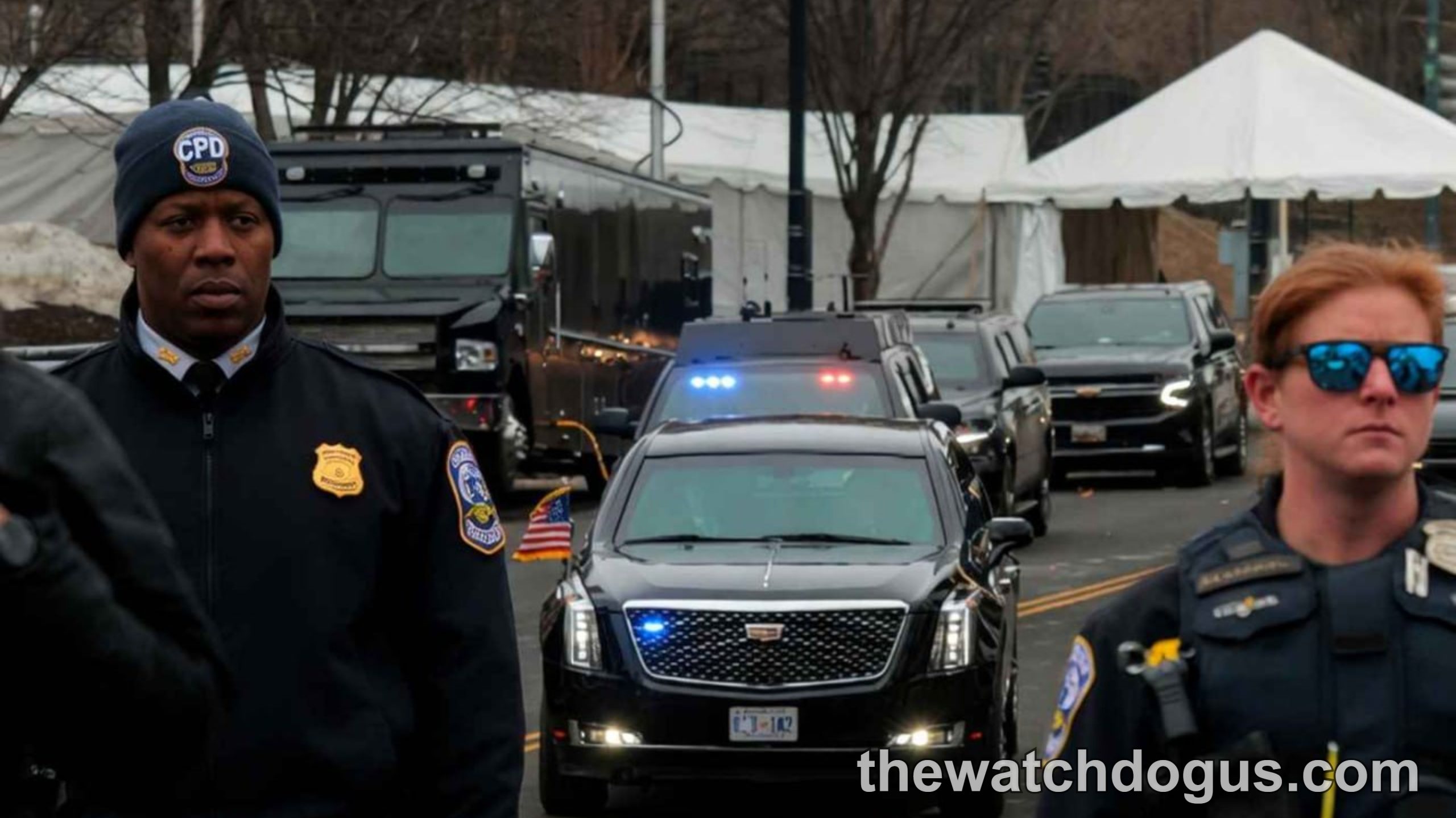 Law enforcement officers stand along security perimeter during Vance motorcade incident with official vehicles and emergency lights visible