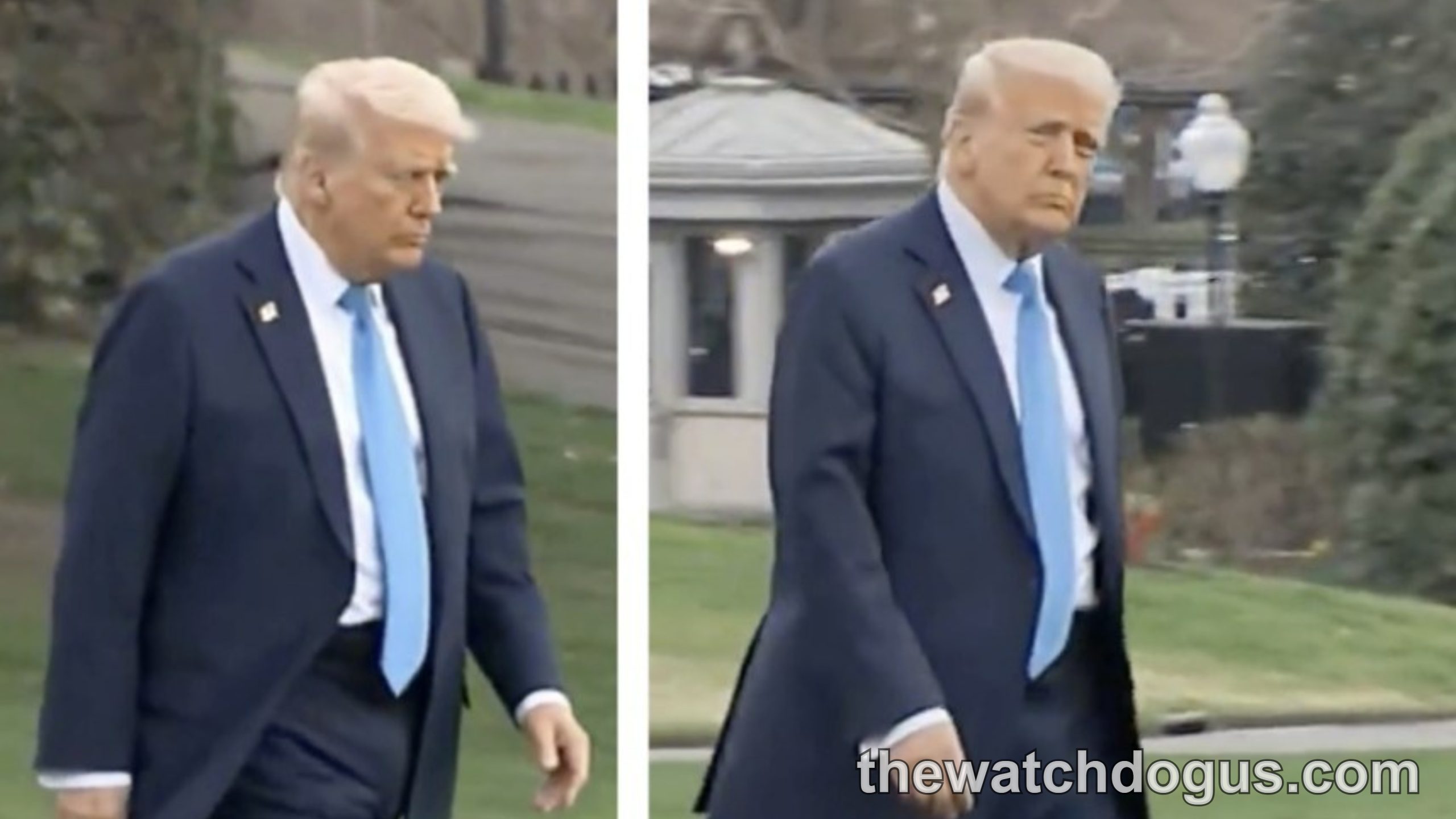 Trump health photos showing man in dark suit walking on White House grounds during daytime