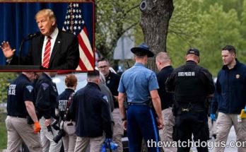 Law enforcement officials gather at scene during Trump House attack investigation with inset of Trump speaking