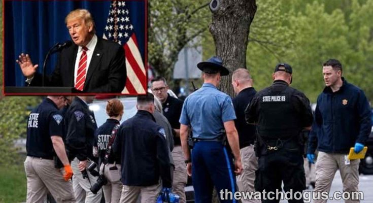 Law enforcement officials gather at scene during Trump House attack investigation with inset of Trump speaking