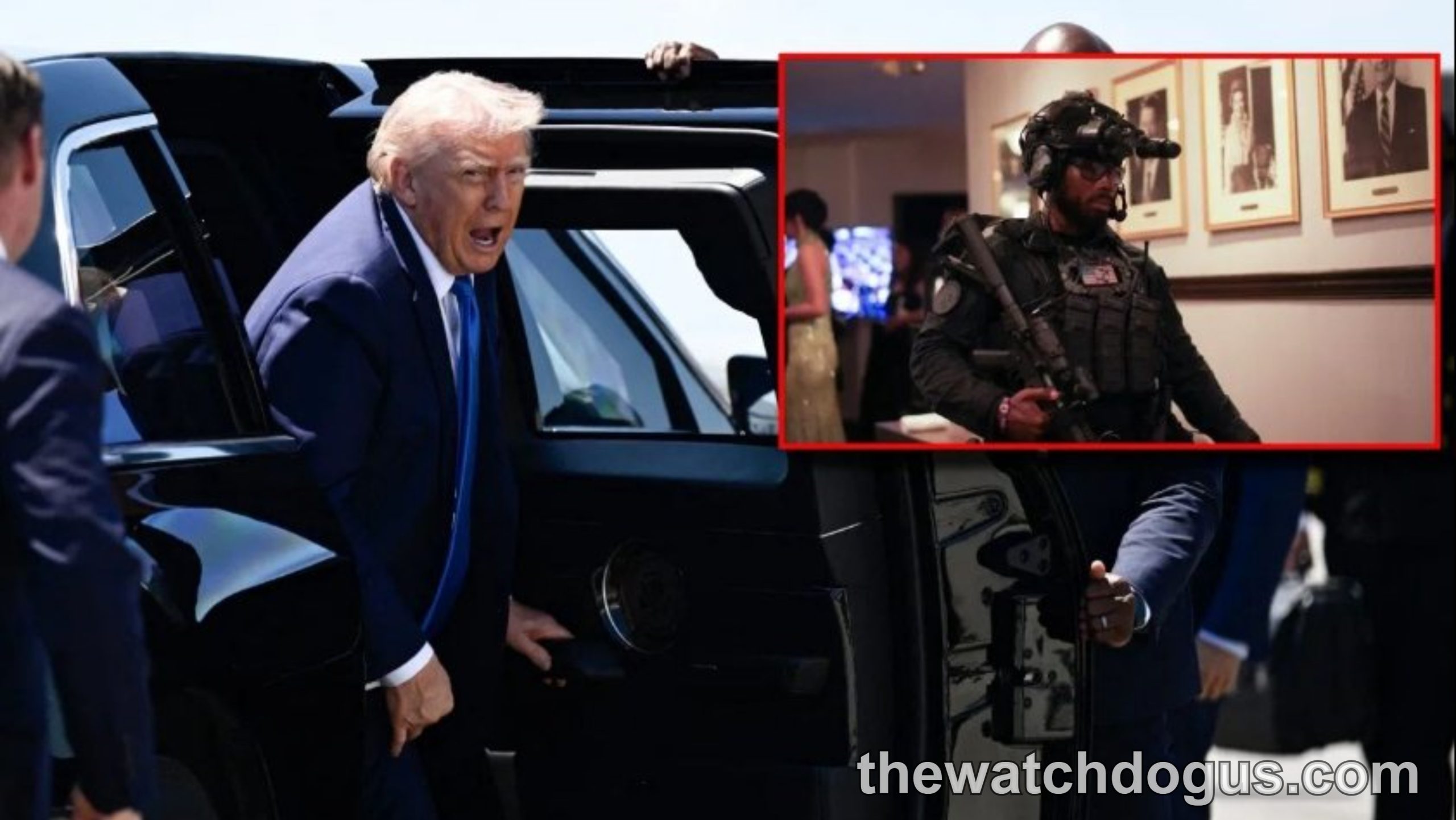 Man in blue suit exiting vehicle with inset image of armed person inside building during White House shooting incident