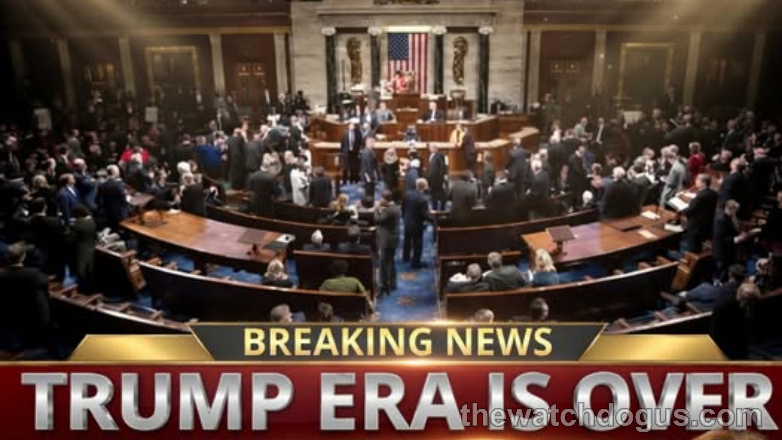 Breaking news graphic showing Senate chamber with impeachment vote results, Trump era is over headline with voting tallies