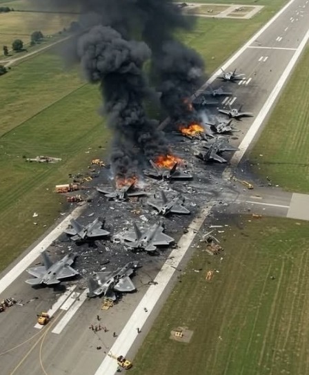 Aerial view of Nelons plane crash Wyoming showing multiple aircraft wreckage burning on runway with emergency response