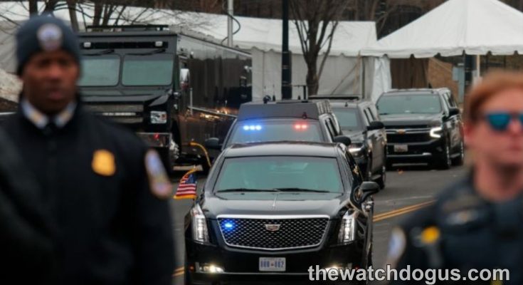 Secret Service motorcade with security vehicles and armed personnel responding to White House shooting incident