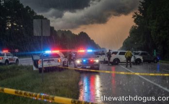 Emergency vehicles with flashing lights securing a police operation area on wet highway during severe thunderstorm