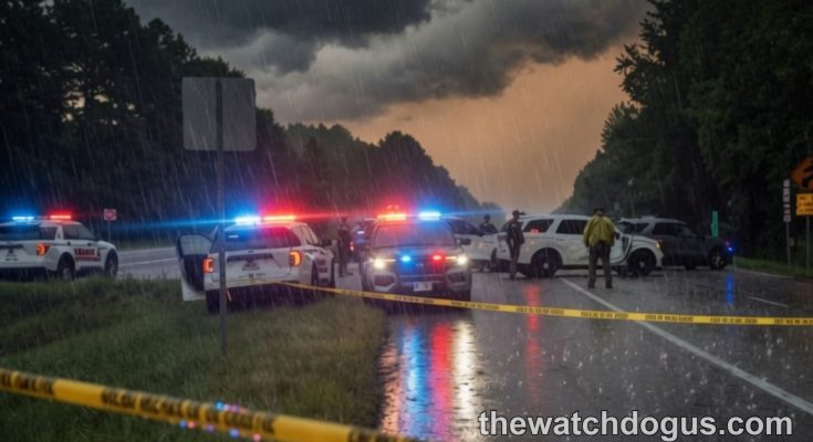 Emergency vehicles with flashing lights securing a police operation area on wet highway during severe thunderstorm