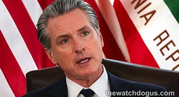 California governor addresses Julia Brownley retirement announcement at podium with American and state flags