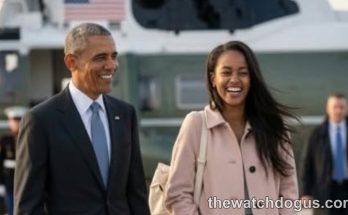 Malia Obama walking with former President Barack Obama near Marine One helicopter during career announcement event