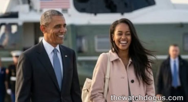 Malia Obama walking with former President Barack Obama near Marine One helicopter during career announcement event