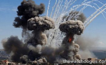 Massive explosions with mushroom clouds and flares during Los Angeles rocket attack on urban residential area