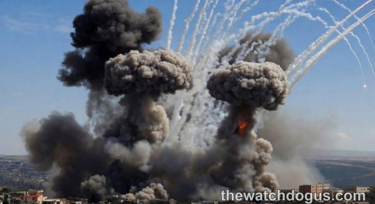 Massive explosions with mushroom clouds and flares during Los Angeles rocket attack on urban residential area