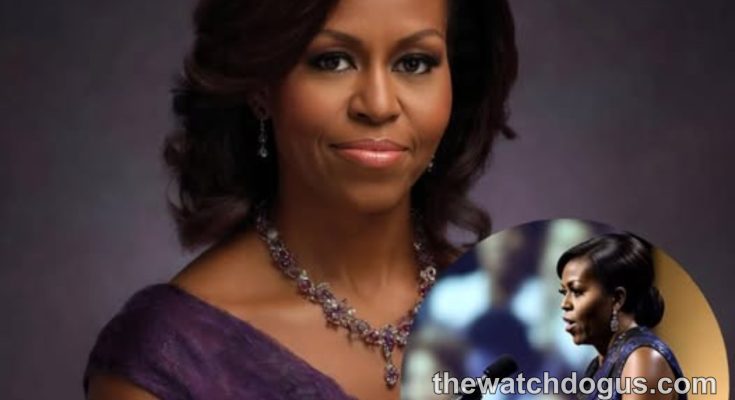 Michelle Obama portrait with inset image of her speaking at microphone during public appearance