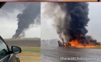 Passenger plane crash with massive fire and dark smoke billowing from aircraft wreckage on airport runway