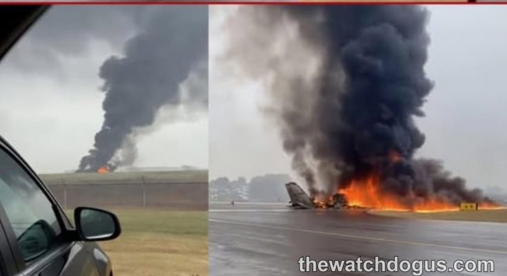 Passenger plane crash with massive fire and dark smoke billowing from aircraft wreckage on airport runway