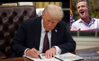 Trump signing new election voting executive order at desk with inset image of political figure