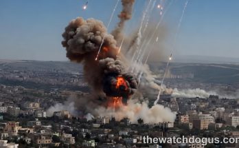 Rocket attack city showing multiple missile trails and explosions with smoke over residential buildings