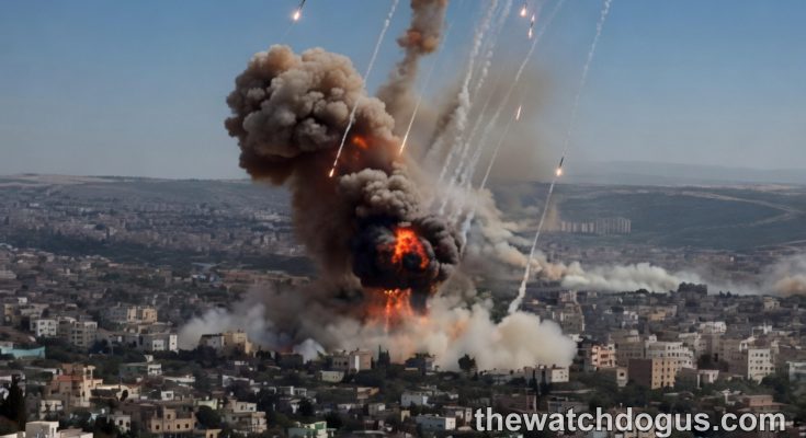 Rocket attack city showing multiple missile trails and explosions with smoke over residential buildings
