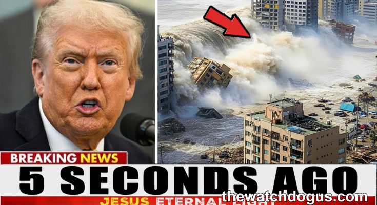 Breaking news thumbnail showing political figure on left and coastal disaster scene with massive waves on right