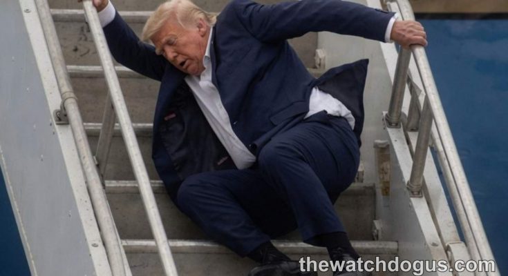 Man in dark suit descending airplane stairs while holding handrail during Trump boarding incident claims