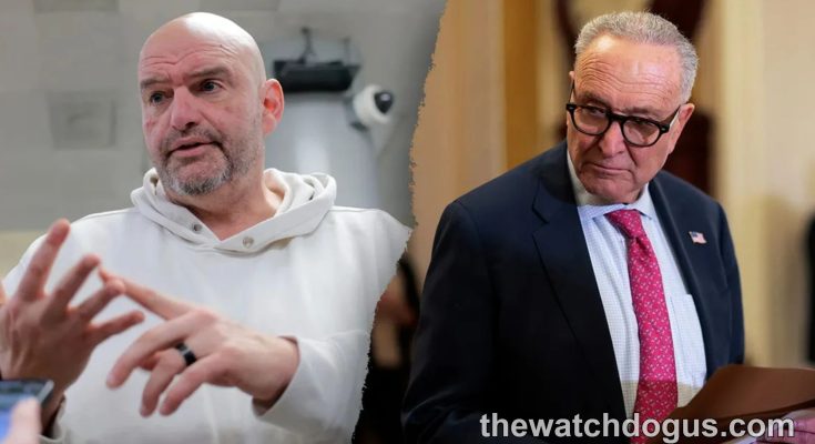 Democratic Party members Fetterman and Schumer discussing policy in formal setting