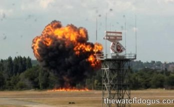 Large explosion with massive fireball and black smoke near tower structure during British Columbia mudslide emergency response training