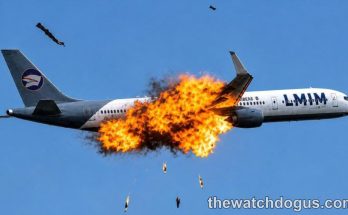 Commercial airplane experiencing catastrophic engine failure with massive explosion and debris during aviation disaster