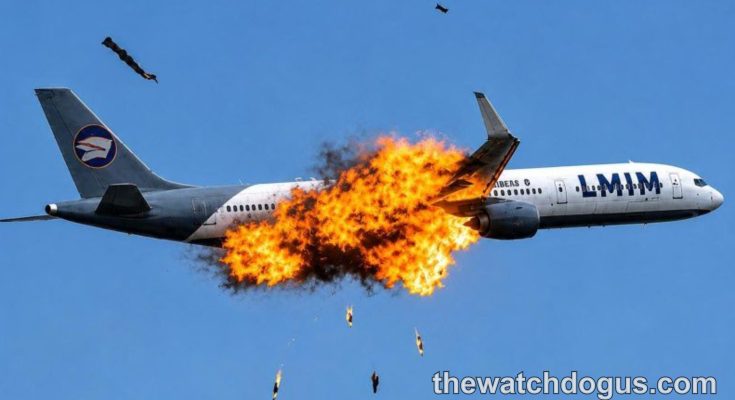 Commercial airplane experiencing catastrophic engine failure with massive explosion and debris during aviation disaster