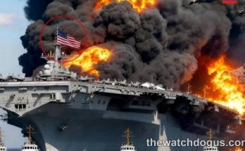 Russian Su-57 carrier strike on U.S. naval vessel with explosions and American flag visible amid smoke and flames