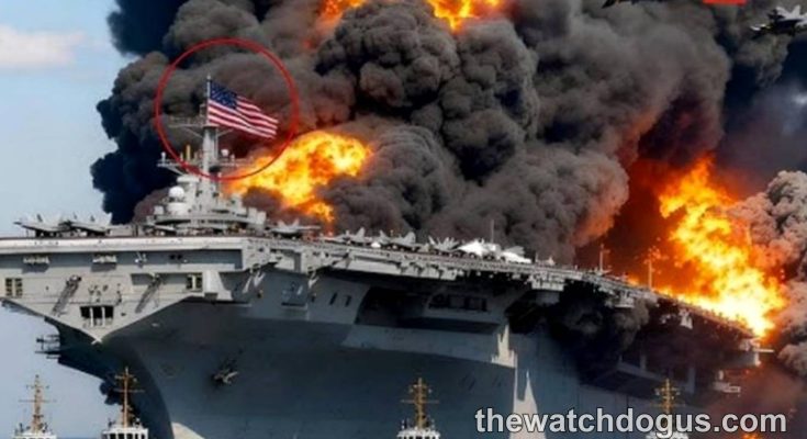 Russian Su-57 carrier strike on U.S. naval vessel with explosions and American flag visible amid smoke and flames