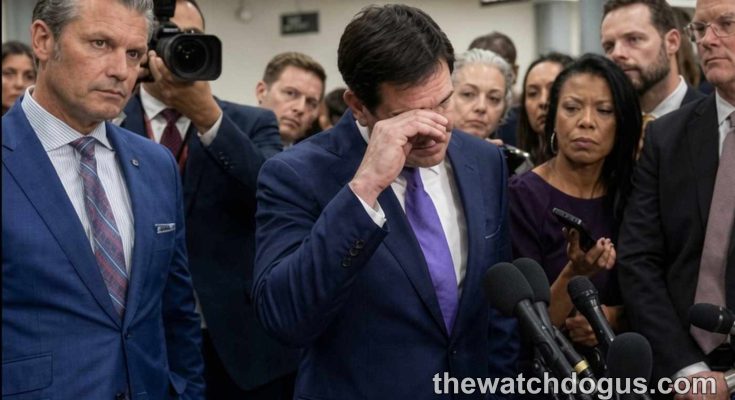 Official at microphone during press conference on Nicaragua sanctions against Rubio with media present