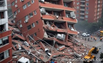 Severely damaged red apartment building collapsed during earthquake with rescue workers and heavy machinery at disaster site