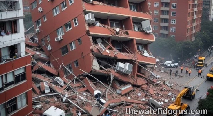Severely damaged red apartment building collapsed during earthquake with rescue workers and heavy machinery at disaster site