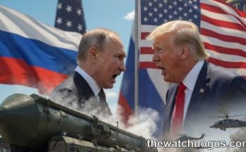 US and Russian leaders discuss military coalition alliance with flags and military equipment in background