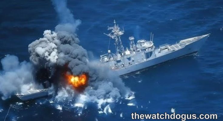 USS Rodney Davis SINKEX explosion test showing massive blast and smoke from naval vessel in ocean