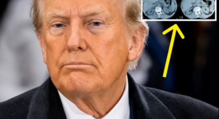 Man in dark suit with medical scan images showing Trump MRI results displayed in upper right corner