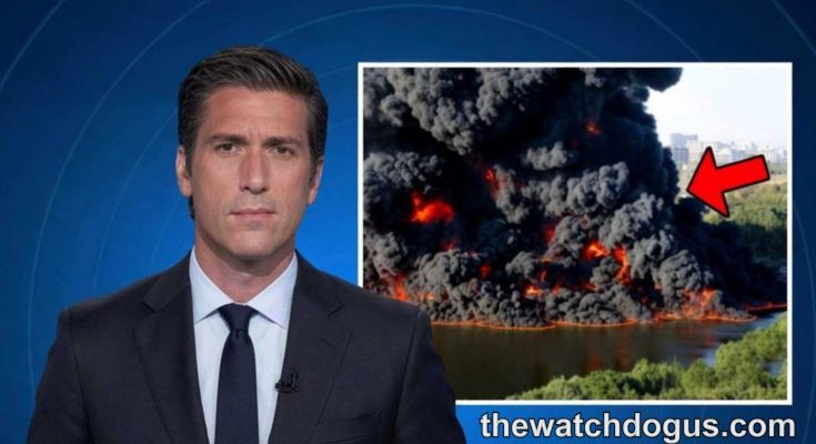 News anchor reporting on major industrial fire disaster with U.S. tragedy response coverage and emergency situation