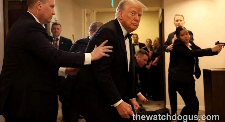 White House Correspondents Dinner security personnel guide dignitary through hallway with protective detail surrounding