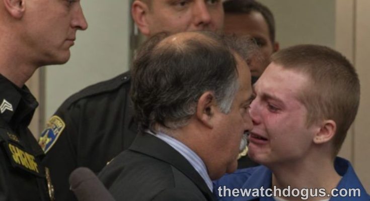 Young teen in blue shirt receives teen prison sentence during courthouse hearing with law enforcement officials present
