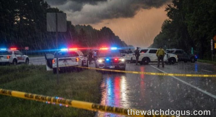 Police vehicles with flashing lights establishing a security perimeter on rainy highway during emergency operation