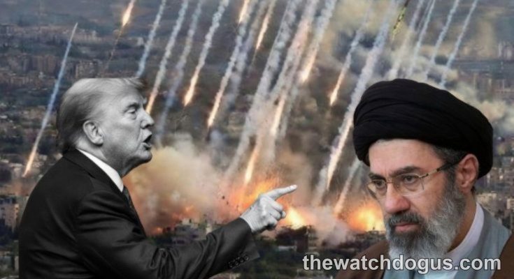 Multiple blasts attack illustration showing explosions over cityscape with two political figures