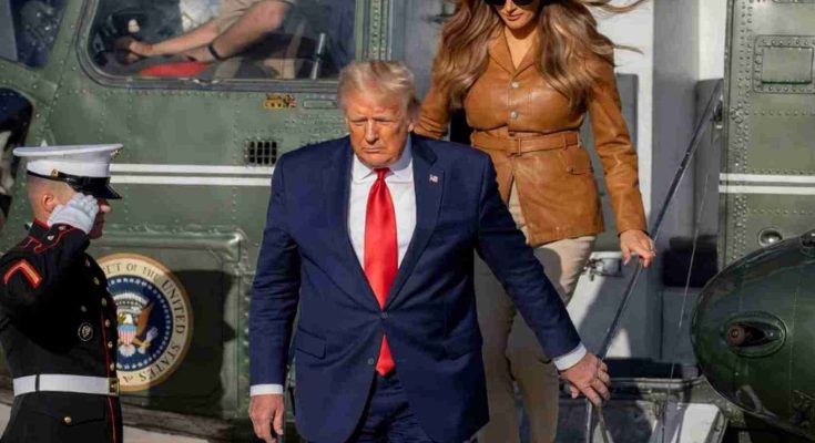 Presidential helicopter Marine One emergency landing with officials disembarking from aircraft stairs