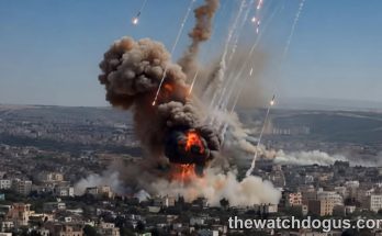 Aerial view of rocket attack Los Angeles showing explosive impact with smoke plumes and incoming missiles