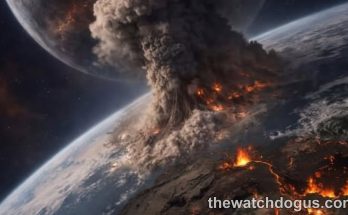 Dramatic visualization of asteroid Earth approach showing massive space rock with glowing impact crater and volcanic eruption on planet surface