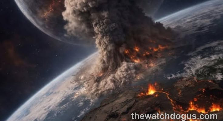 Dramatic visualization of asteroid Earth approach showing massive space rock with glowing impact crater and volcanic eruption on planet surface