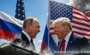 Military coalition tensions between US and Russia leaders with nuclear missile, military helicopters and soldiers