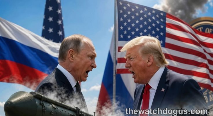 Military coalition tensions between US and Russia leaders with nuclear missile, military helicopters and soldiers
