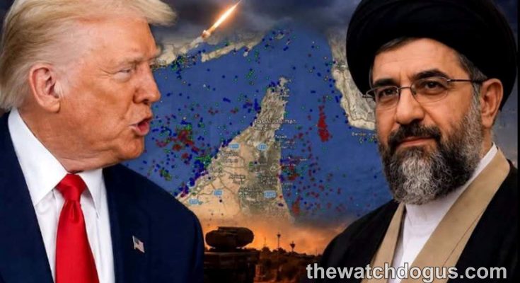 Political figures facing off with military conflict imagery and map representing US Iran deal negotiations tensions